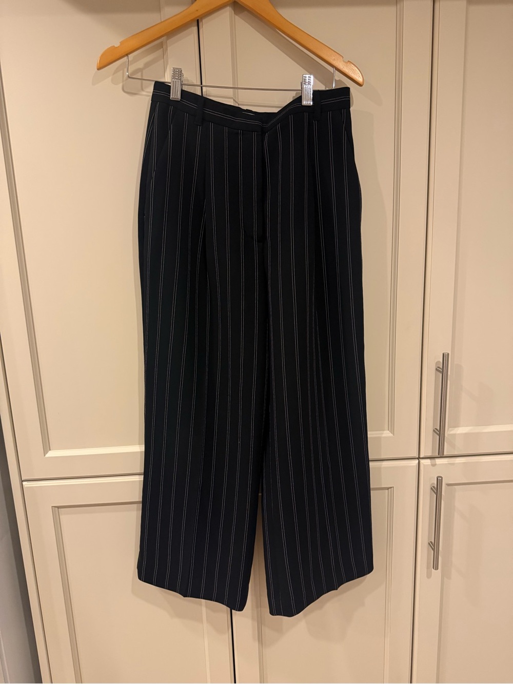 Wilfred Navy Pinstripe Wide-Leg Dress Pants
